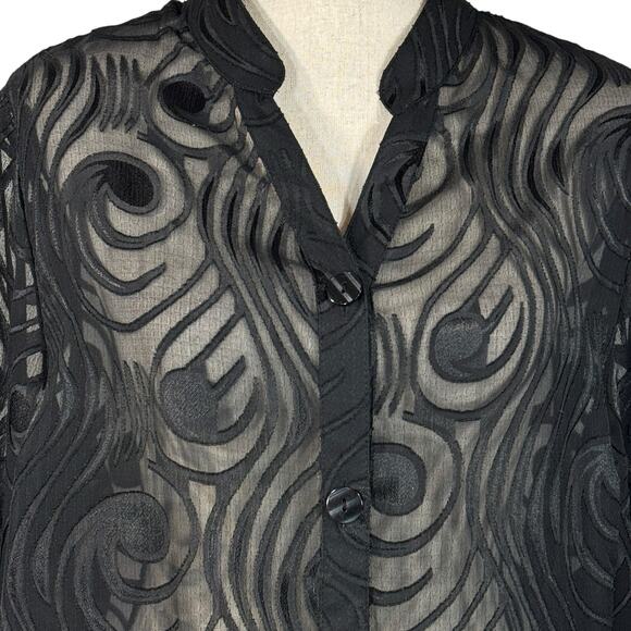 Maggie Barnes 0X-Large (16W) Top Button-Up Semi-Sheer Geometric 3/4 Sleeve Black - Picture 2 of 8